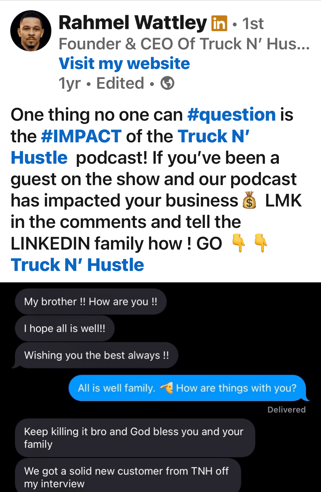 LinkedIn post showing real sponsor impact from Truck N' Hustle